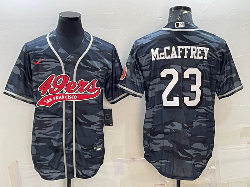 Men's San Francisco 49ers #23 Christian McCaffrey Gray Camo With Patch Cool Base Stitched Baseball Jersey